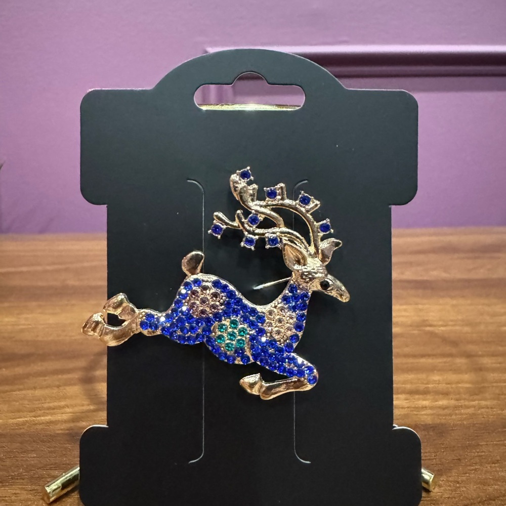 Blue and Gold Reindeer Brooch